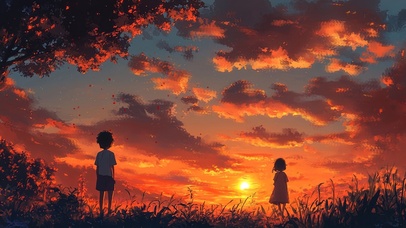 傍晚草地上的灿烂落日