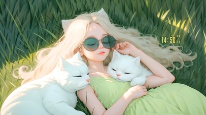 草地女孩抱着猫咪