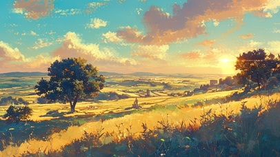 黄昏金黄的乡村草坡