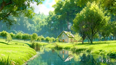 护眼绿色溪流森林小屋