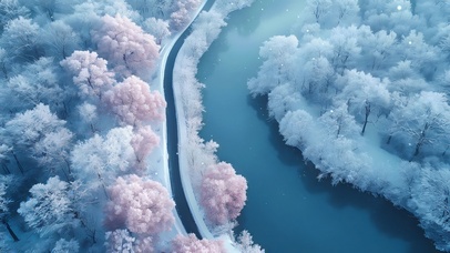 粉霜银枝伴蓝河