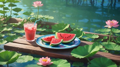 夏日荷塘西瓜