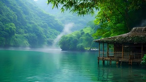 绿色湖边小亭