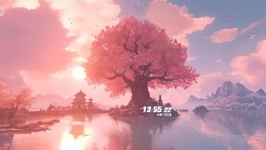 黄昏湖中樱树