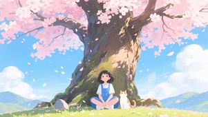 樱花树下女孩与猫咪