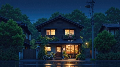 静谧雨夜木屋