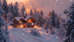 雪天山坡上的温馨小屋