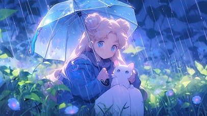 治愈雨中的少女和猫