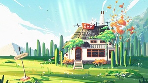 护眼绿色草地木屋