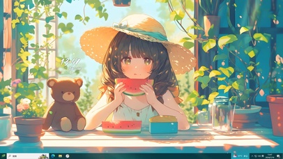 清新夏日吃瓜女孩