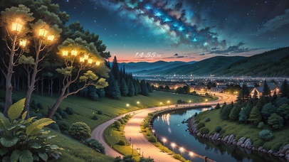 4K唯美治愈梦幻星空河流小镇