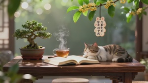 治愈国风书桌猫咪