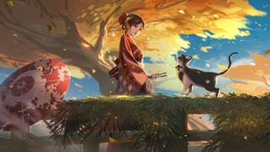秋季少女和猫