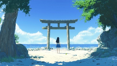 海边鸟居与少女