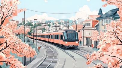 樱花中驶过的列车