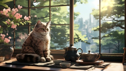 蹲在茶桌上的猫咪