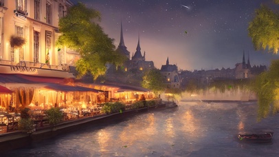 夜晚河边欧洲小镇街道