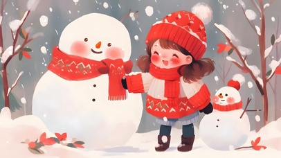 红袄子女孩和雪人