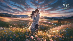 唯美夕阳花海情侣