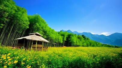 大自然风景绿色护眼竹林小屋山川
