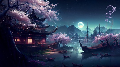 古风江边月夜阁楼