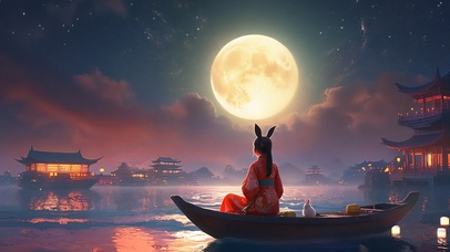 赏月的女孩和兔子