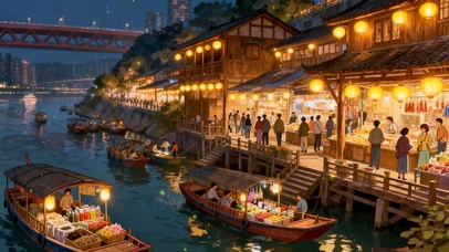夜晚江边市集