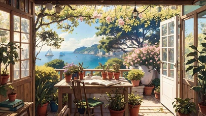 书房窗外的海景