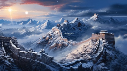 4K唯美日出长城雪景