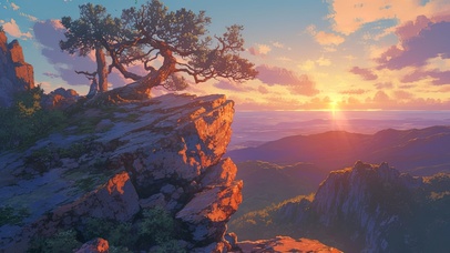 唯美治愈落日岩石上的松树