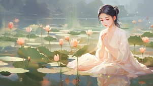 荷花池边的女孩