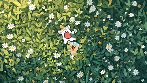 可爱的线条小狗躺在绿色草地上