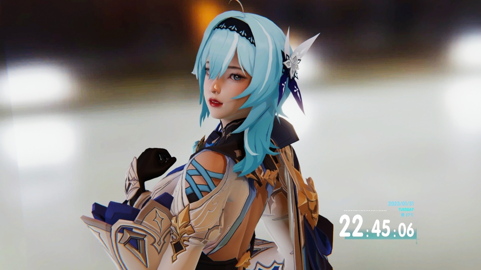 原神角色优菈的3D建模上半身形象，浅蓝长发，身着蓝白金配色服饰，背景为虚化暖调橙黄夜景光斑。
