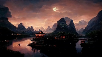 唯美晚霞山谷湖畔小屋