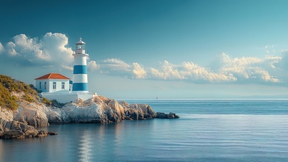 蓝白海边灯塔