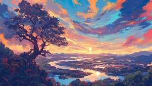 俯瞰落日蜿蜒河流