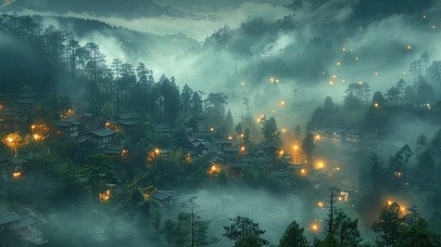 傍晚山间云雾缭绕的村庄