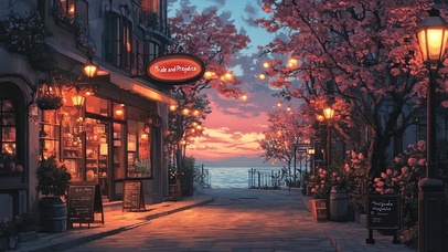 晚霞海边樱花杂货铺