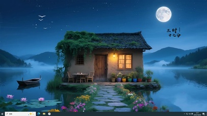 古风江边月夜小屋