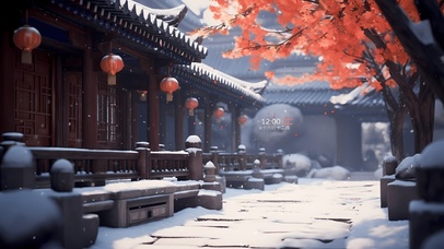 4K唯美古风庭院的雪