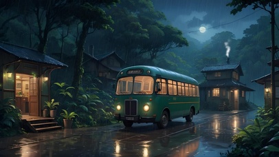 夜晚雨中乡下的班车