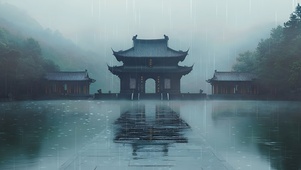 阴雨古寺山门