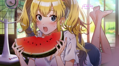 夏日室内吃瓜少女