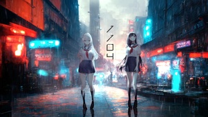 4k 赛博朋克雨天都市黑白少女
