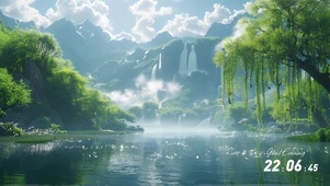 4K湖光山色蓝天白云绿树瀑布