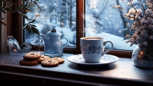 甜美精致的冬日雪天咖啡