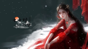 雪中唯美古风红衣少女