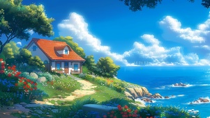 蓝天海边小屋