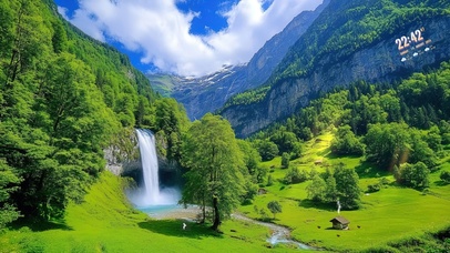 护眼绿树山间瀑布草原蓝天