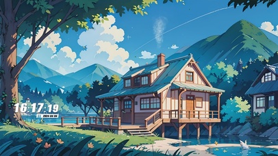 护眼蓝天白云花草树木房屋景色